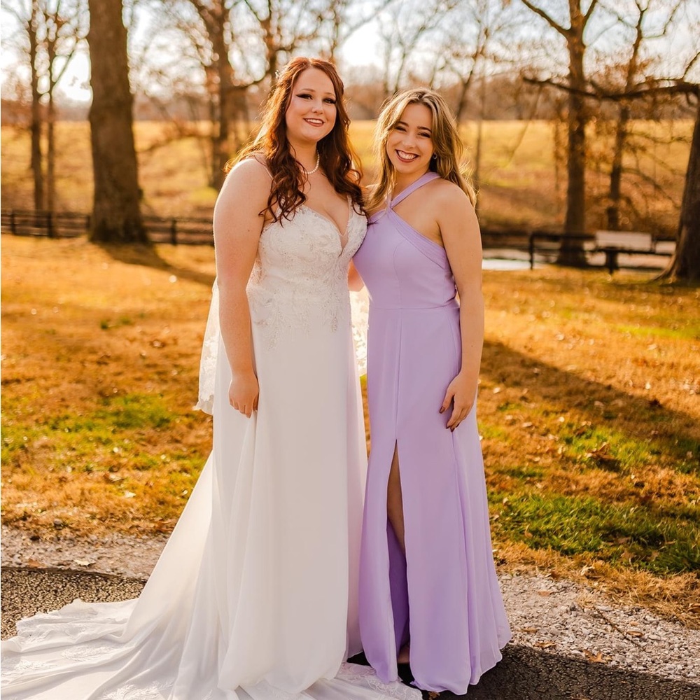 Azazie purple chiffon dress worn once custom size similar to a 6. I an 5’3”